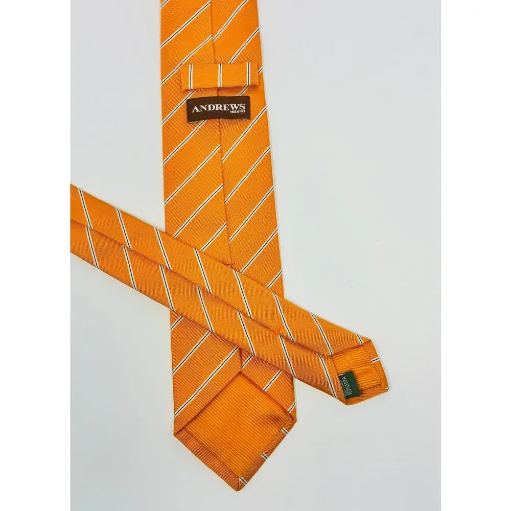 Andrews Milano Orange White Stripe Silk Tie 3x59 Men's Classic Italian Necktie